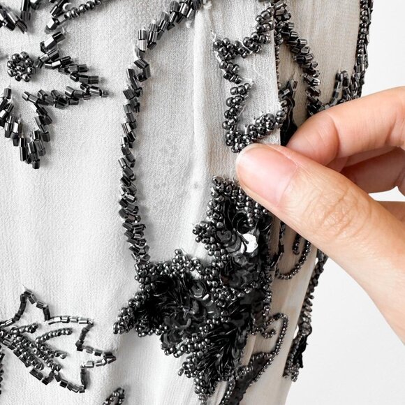 Vintage Gray Black Floral Beaded Silk Bodycon Side Slit Maxi Prom Dress Size S - Picture 7 of 9